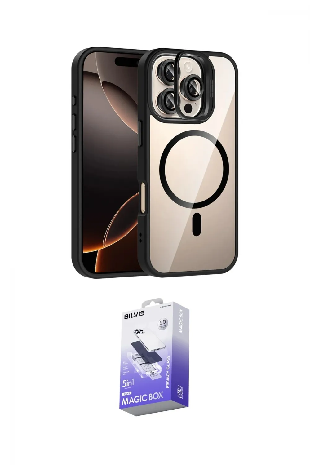 ieg™ iPhone 16 Pro Max Kılıf Yadigar Asil Koleksiyonu - Siyah Bilvis 5in1 5D Magic Hayalet Cam Ekran Koruyucu