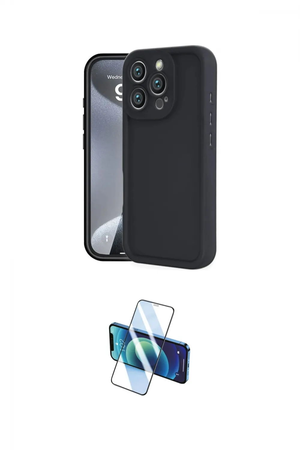 ieg™ iPhone 16 Pro Max Kılıf Yankı Yansıma Özel Seri - Siyah 3D Antistatik Cam Ekran Koruyucu