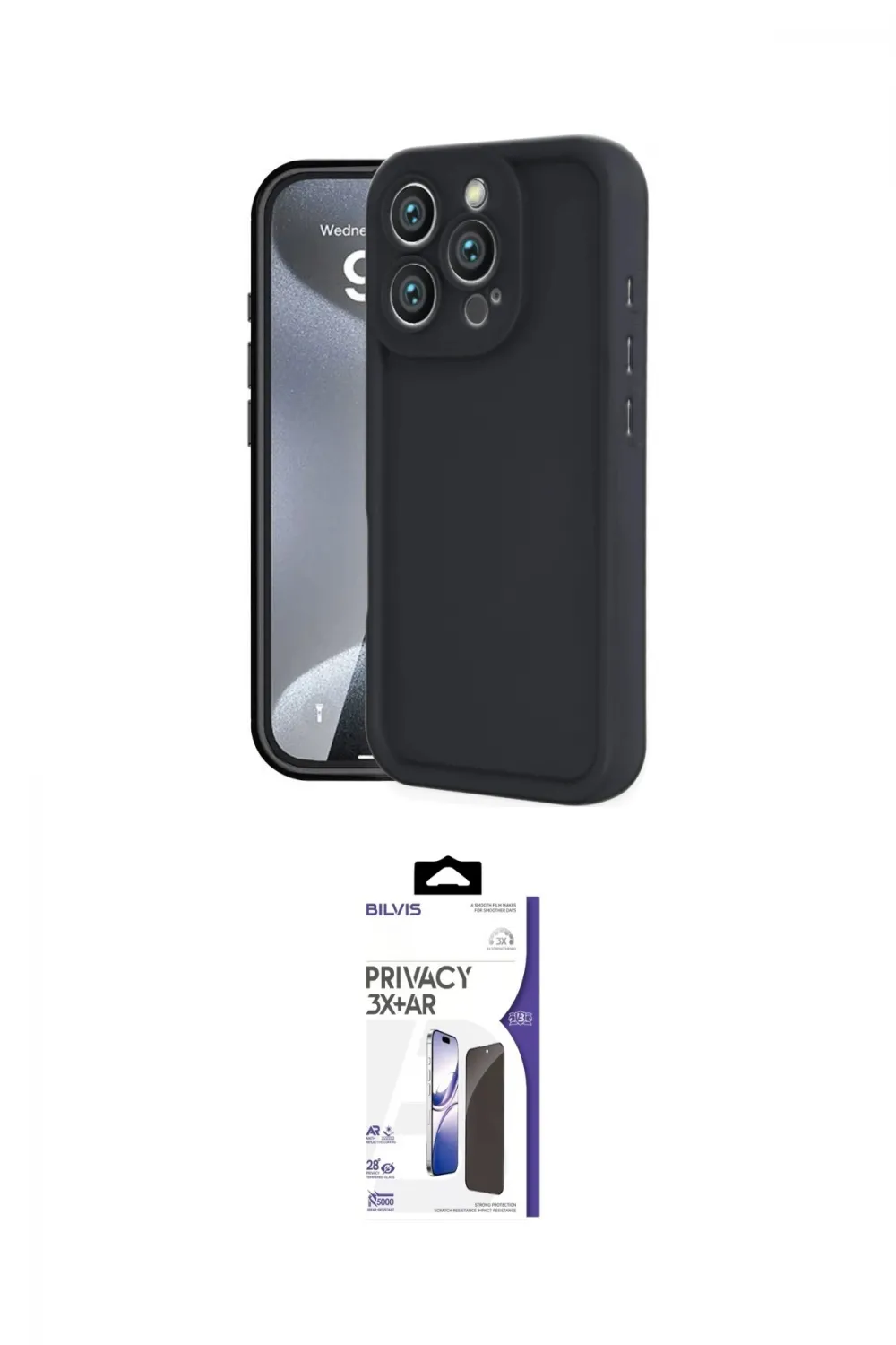 ieg™ iPhone 16 Pro Max Kılıf Yankı Yansıma Özel Seri - Siyah Bilvis 3X AR Hayalet Cam Ekran Koruyucu