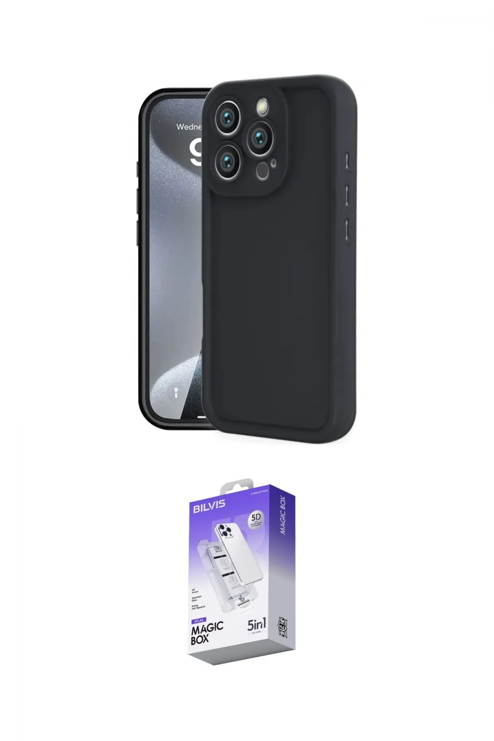 ieg™ iPhone 16 Pro Max Kılıf Yankı Yansıma Özel Seri - Siyah Bilvis 5in1 3D Magic Cam Ekran Koruyucu