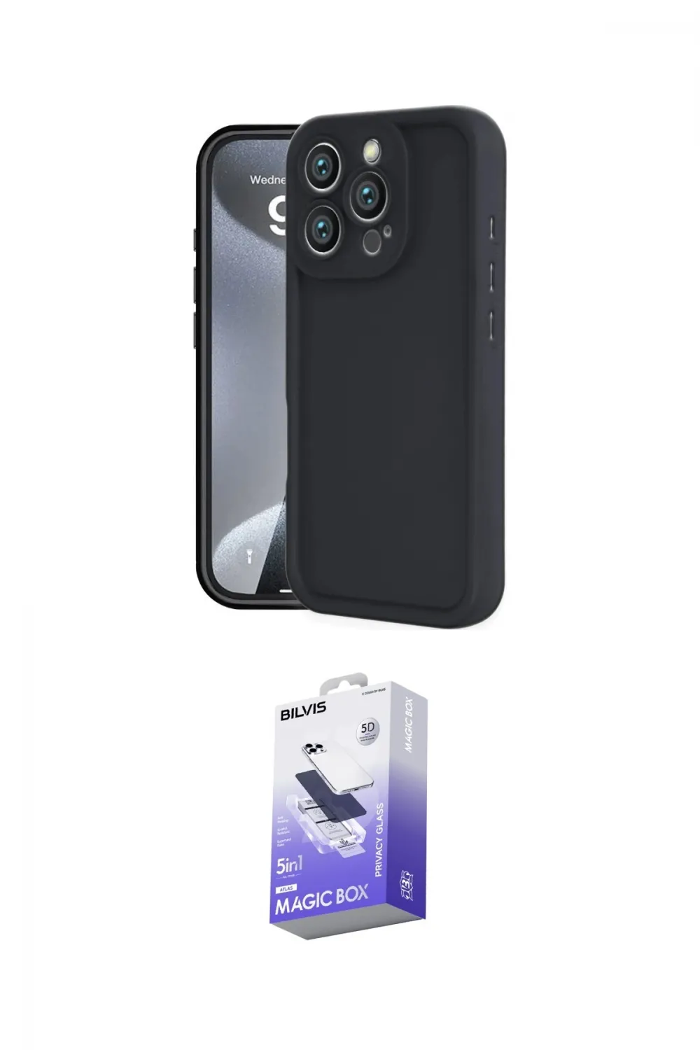 ieg™ iPhone 16 Pro Max Kılıf Yankı Yansıma Özel Seri - Siyah Bilvis 5in1 5D Magic Hayalet Cam Ekran Koruyucu