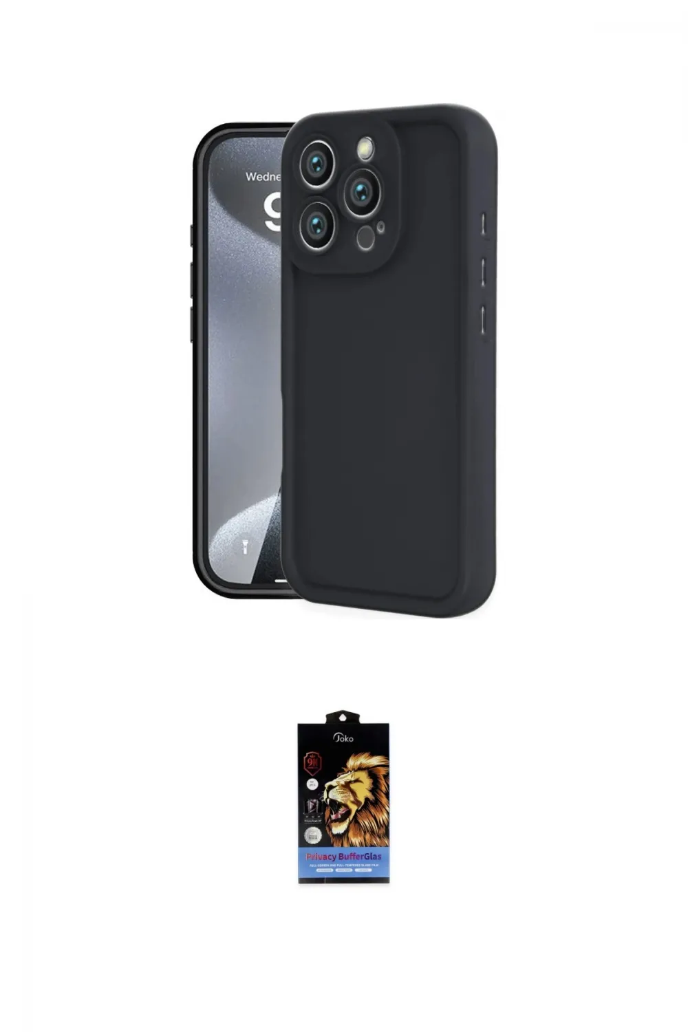 ieg™ iPhone 16 Pro Max Kılıf Yankı Yansıma Özel Seri - Siyah Buffer Hayalet Cam Ekran Koruyucu