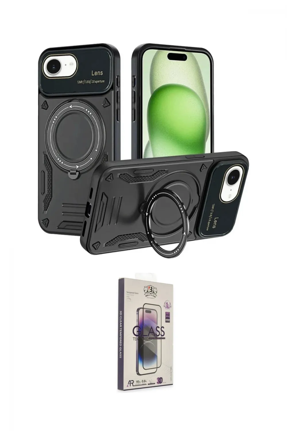 ieg™ iPhone 16E Kılıf Kıvılcım Modern Serisi - Siyah Bilvis 3D Cam Ekran Koruyucu