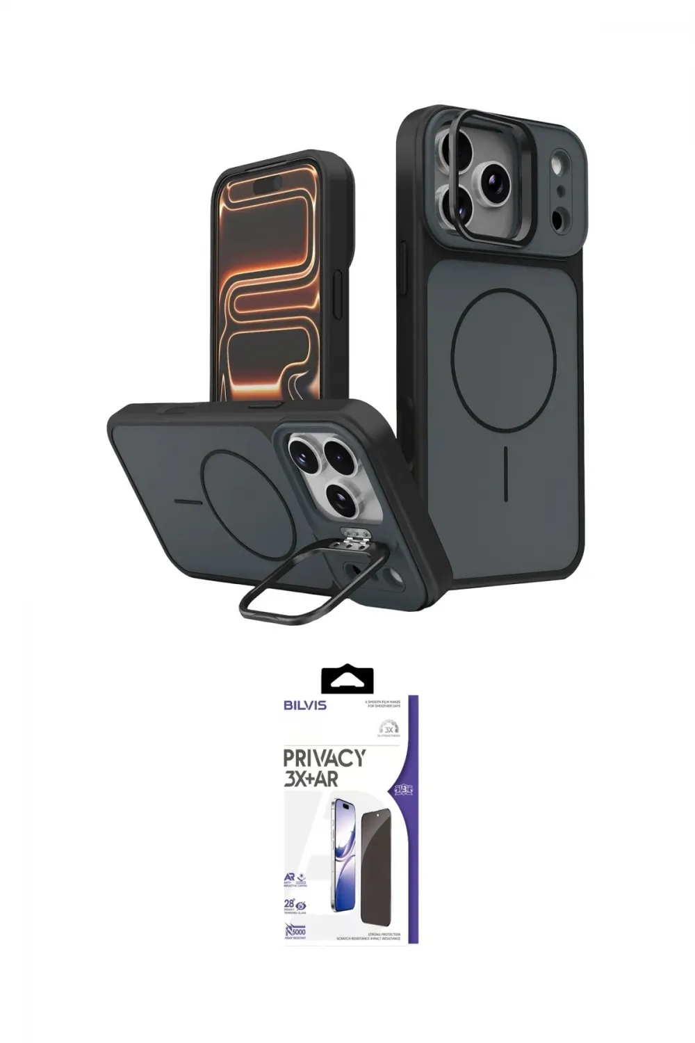 ieg™ iPhone 17 Pro Kılıf İz Modern Prime - Siyah Bilvis 3X AR Hayalet Cam Ekran Koruyucu