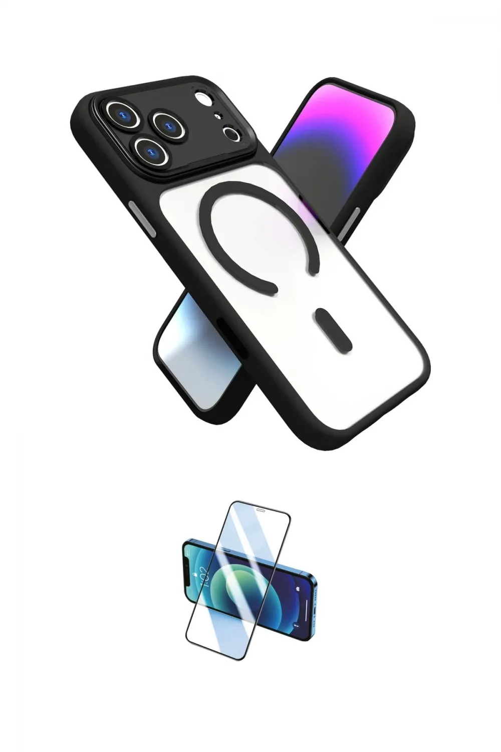 ieg™ iPhone 17 Pro Kılıf Nova Yansıma Serisi - Siyah 3D Antistatik Cam Ekran Koruyucu