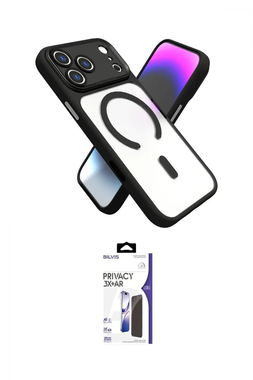 ieg™ iPhone 17 Pro Kılıf Nova Yansıma Serisi - Siyah Bilvis 3X AR Hayalet Cam Ekran Koruyucu