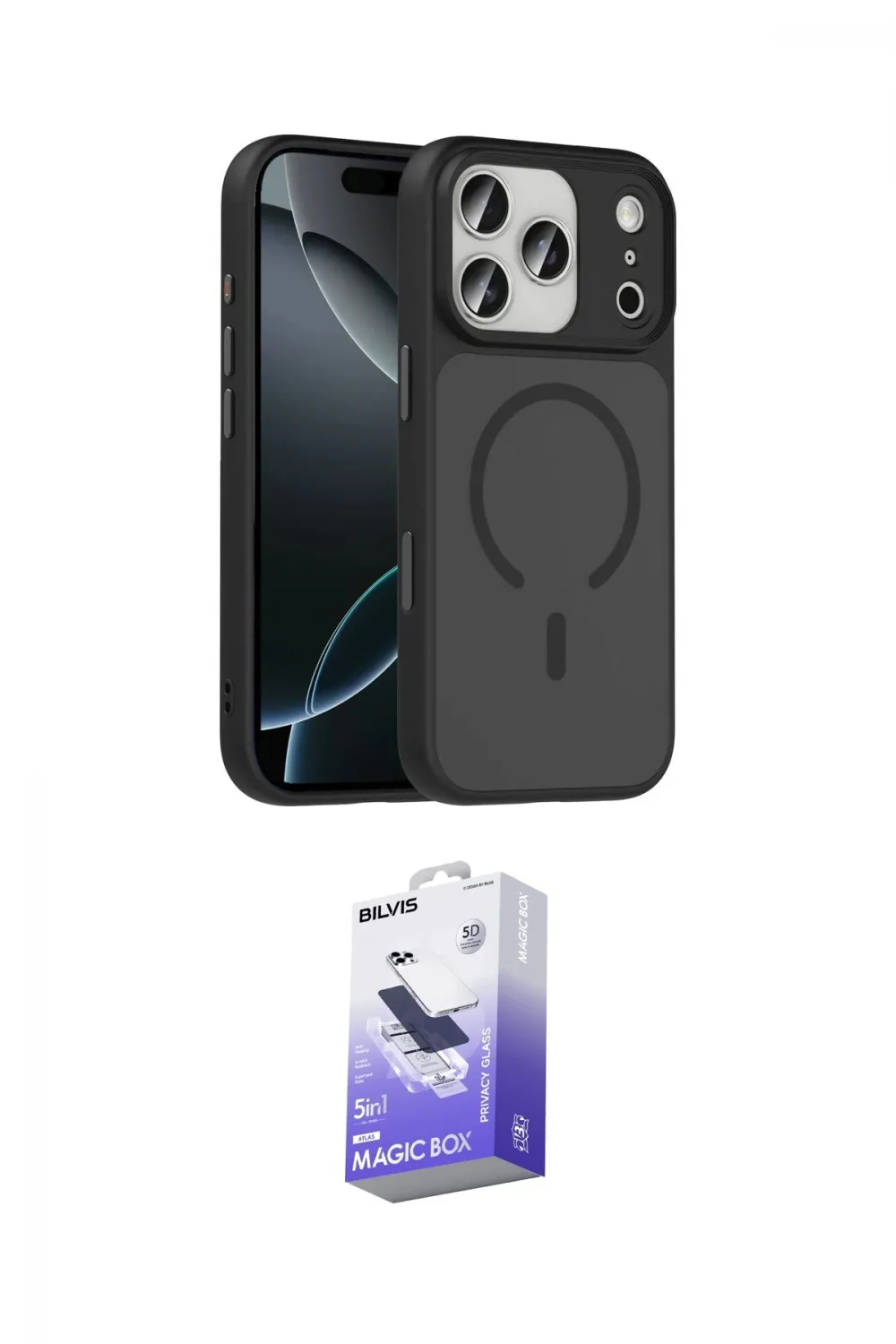 ieg™ iPhone 17 Pro Max Kılıf Doruk Form Serisi - Siyah Bilvis 5in1 5D Magic Hayalet Cam Ekran Koruyucu