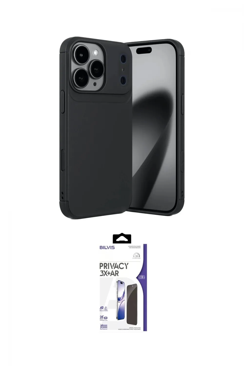 ieg™ iPhone 17 Pro Max Kılıf Eksen Form Prime - Siyah Bilvis 3X AR Hayalet Cam Ekran Koruyucu
