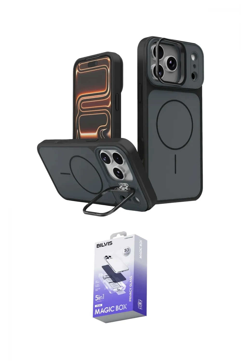 ieg™ iPhone 17 Pro Max Kılıf İz Modern Prime - Siyah Bilvis 5in1 5D Magic Hayalet Cam Ekran Koruyucu