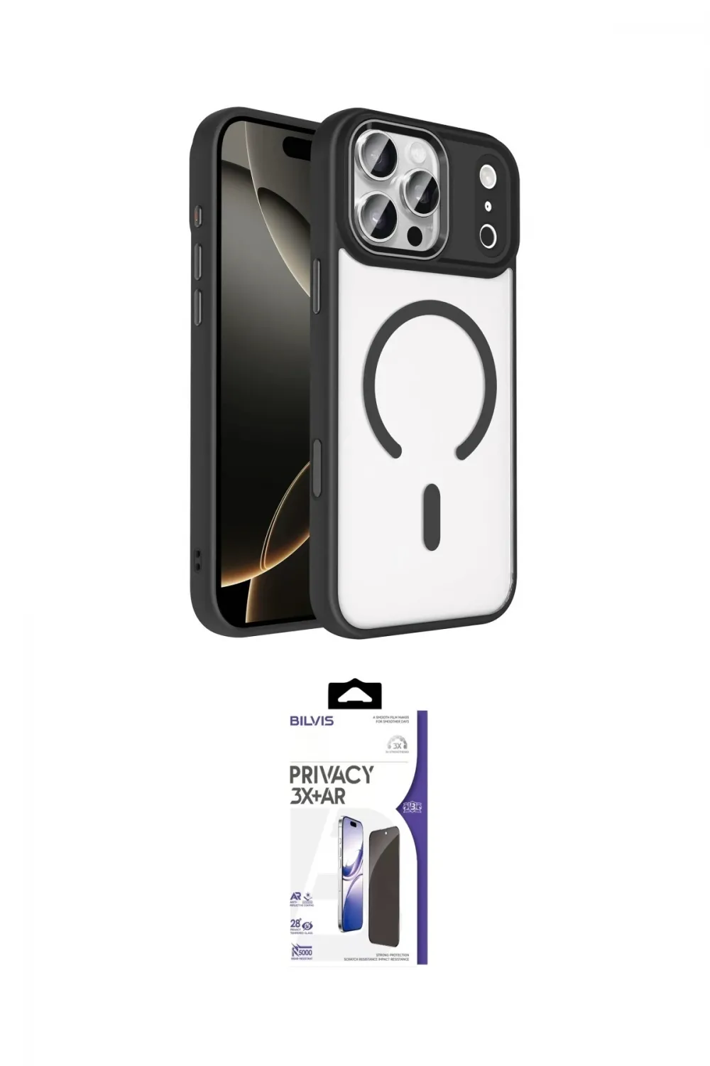 ieg™ iPhone 17 Pro Max Kılıf Kıvılcım Prime - Siyah Bilvis 3X AR Hayalet Cam Ekran Koruyucu