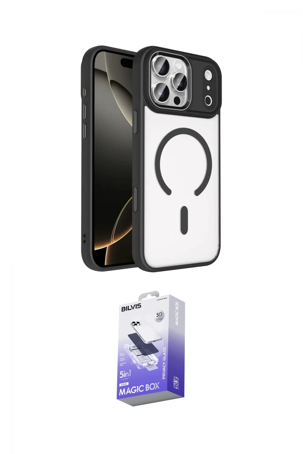 ieg™ iPhone 17 Pro Max Kılıf Kıvılcım Prime - Siyah Bilvis 5in1 5D Magic Hayalet Cam Ekran Koruyucu
