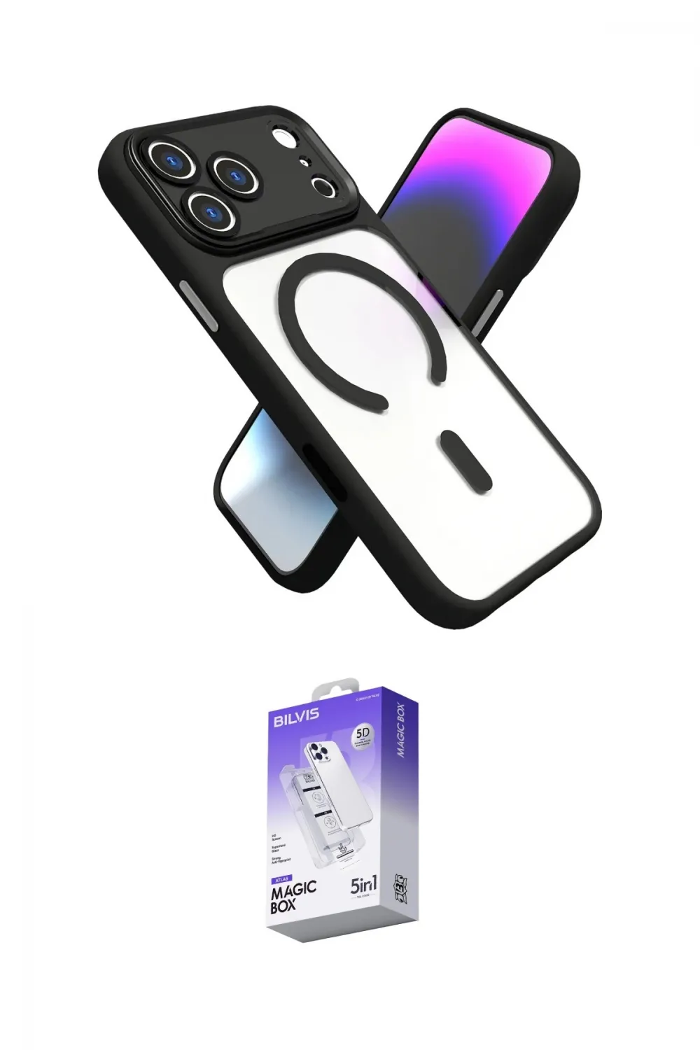ieg™ iPhone 17 Pro Max Kılıf Nova Yansıma Serisi - Siyah Bilvis 5in1 3D Magic Cam Ekran Koruyucu