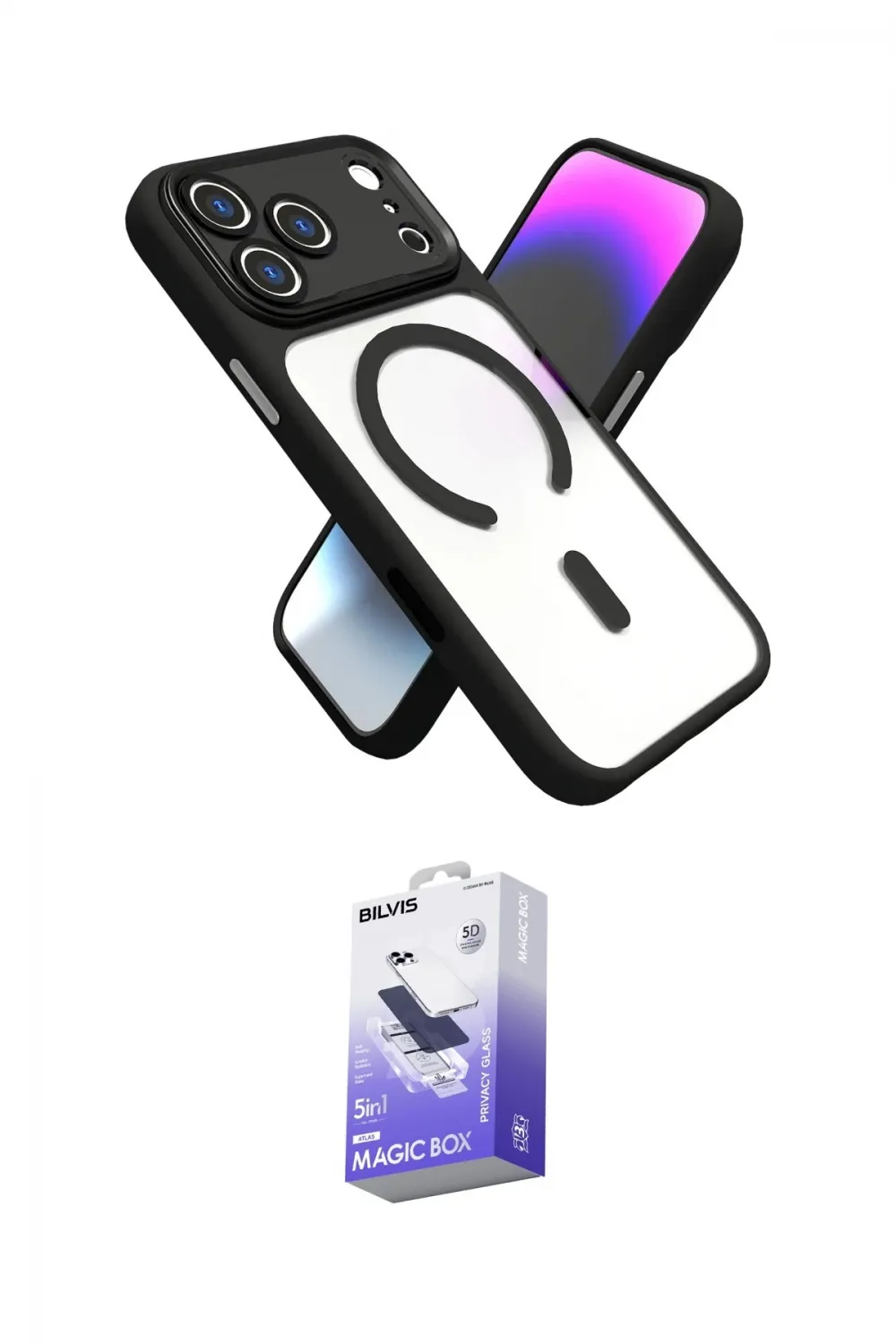ieg™ iPhone 17 Pro Max Kılıf Nova Yansıma Serisi - Siyah Bilvis 5in1 5D Magic Hayalet Cam Ekran Koruyucu