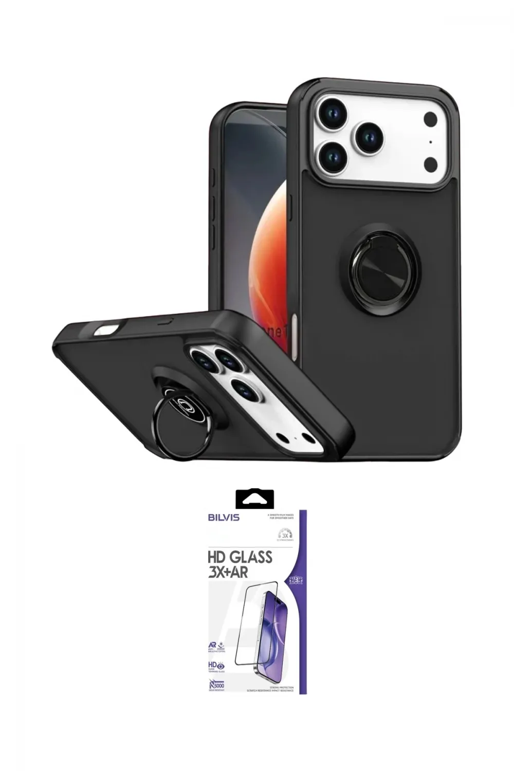ieg™ iPhone 17 Pro Max Kılıf Yörünge Çizgi - Siyah Bilvis 3X AR HD Cam Ekran Koruyucu