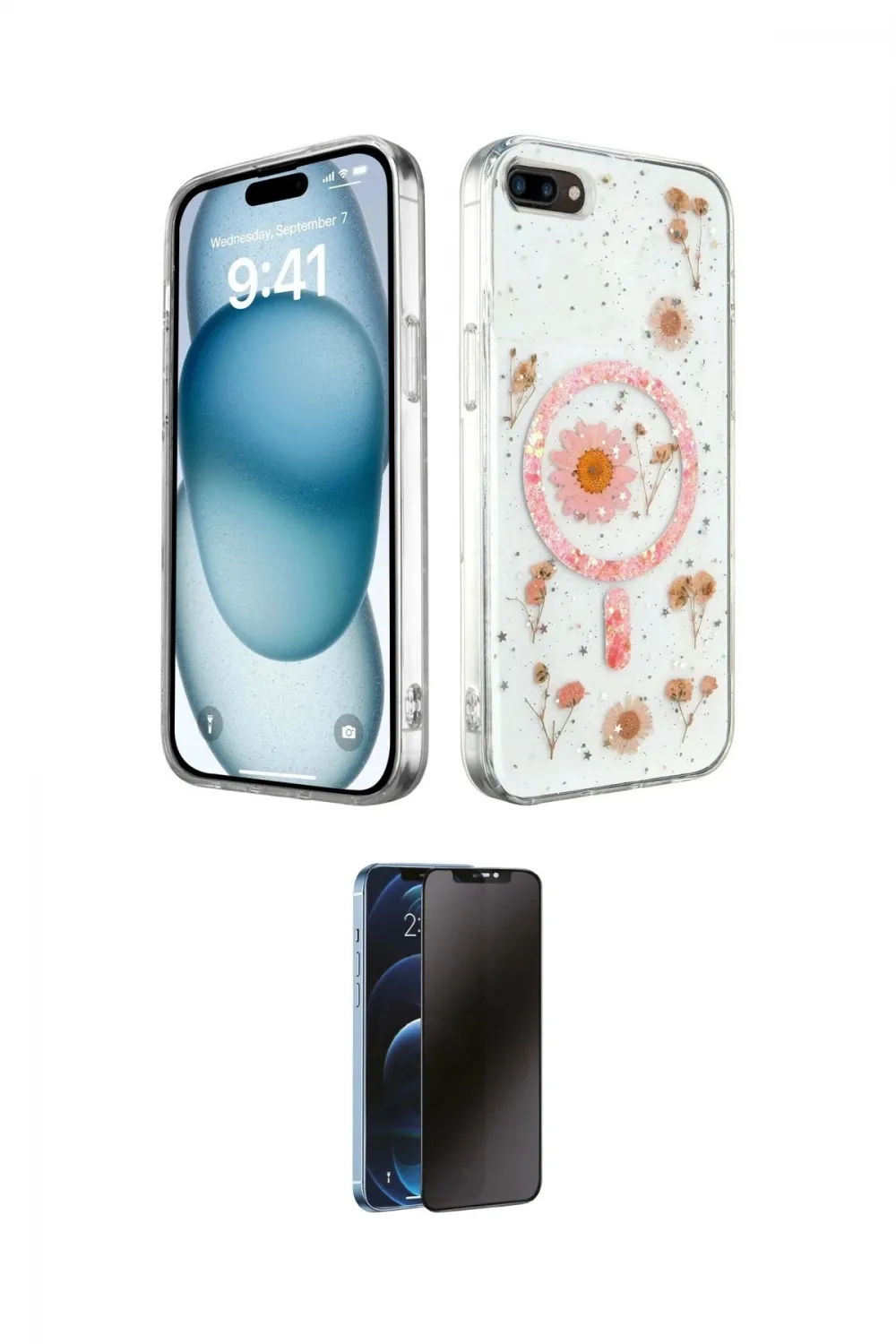 ieg™ iPhone 7 Kılıf Kozmos Doku - Siyah 3D Antistatik Hayalet Cam Ekran Koruyucu