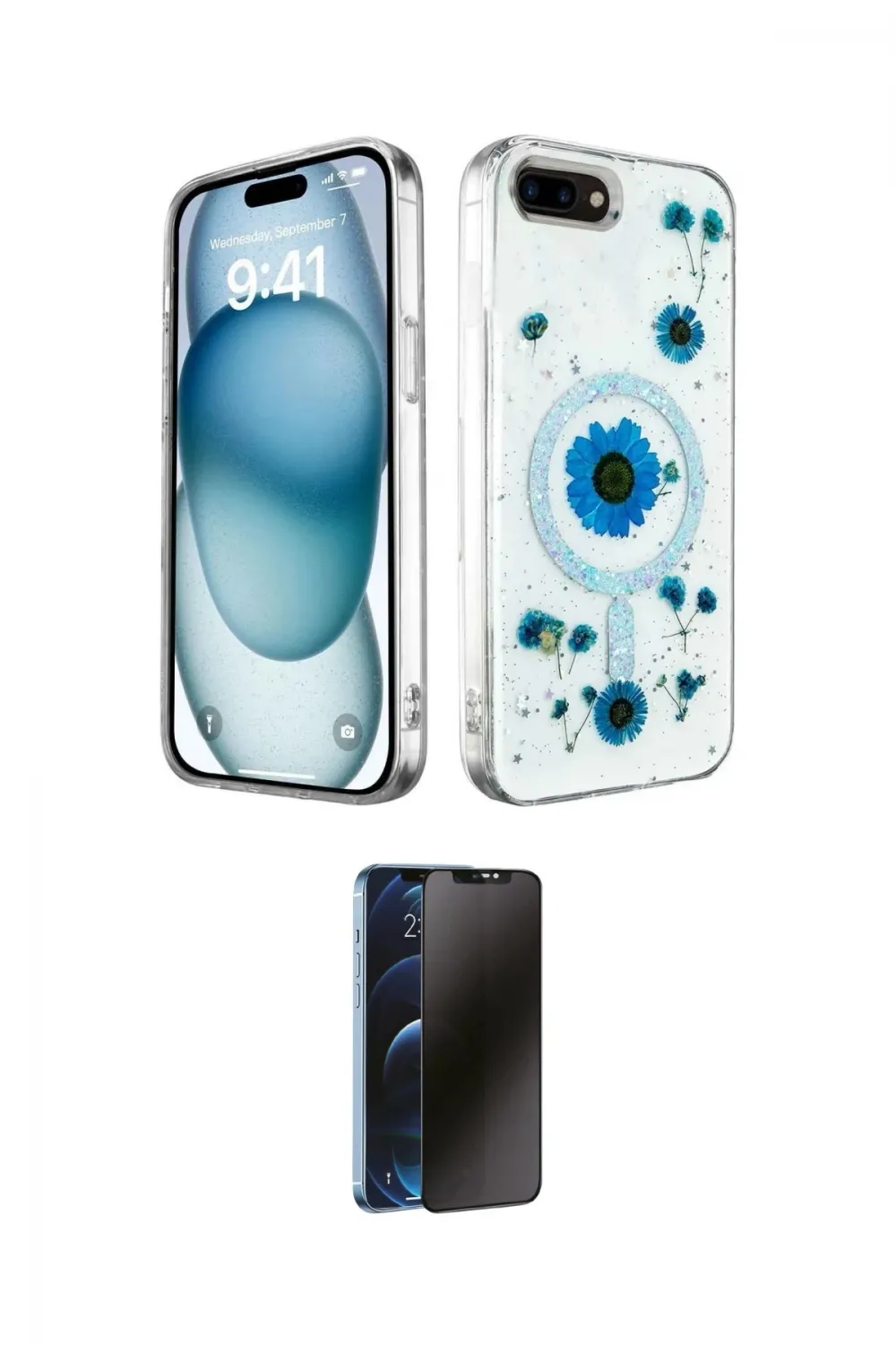 ieg™ iPhone 7 Plus Kılıf Kozmos Doku - Siyah 3D Antistatik Hayalet Cam Ekran Koruyucu