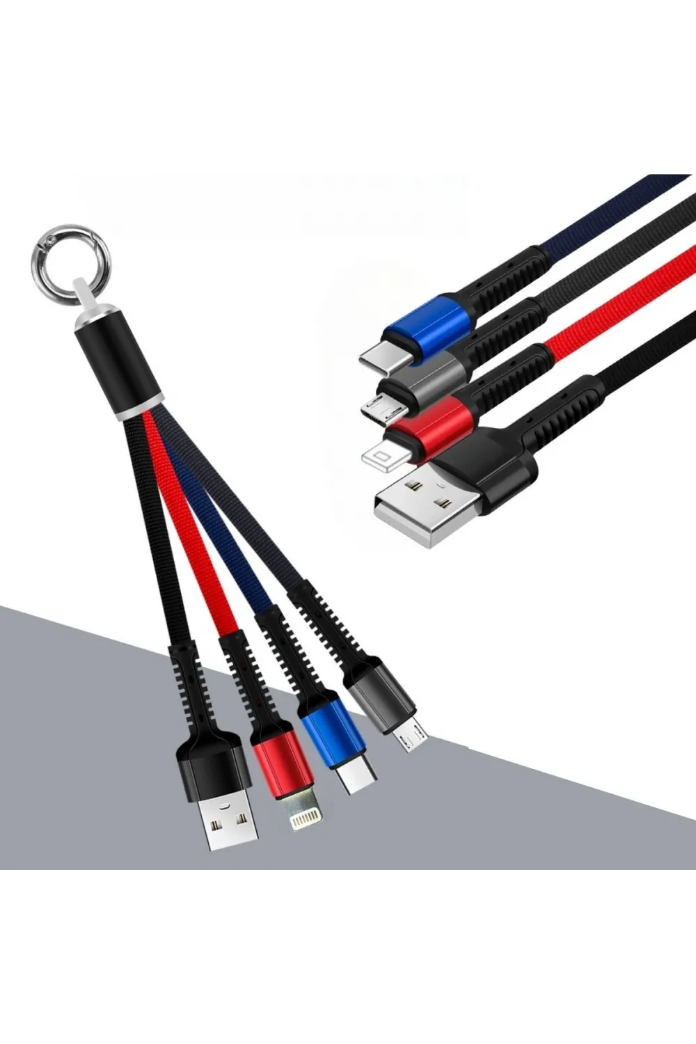 Işıklı Anahtarlık Model 3 in 1 USB Çıkışlı MİKRO,TYPE-C ve İphone Uyumlu Şarj Kablosu