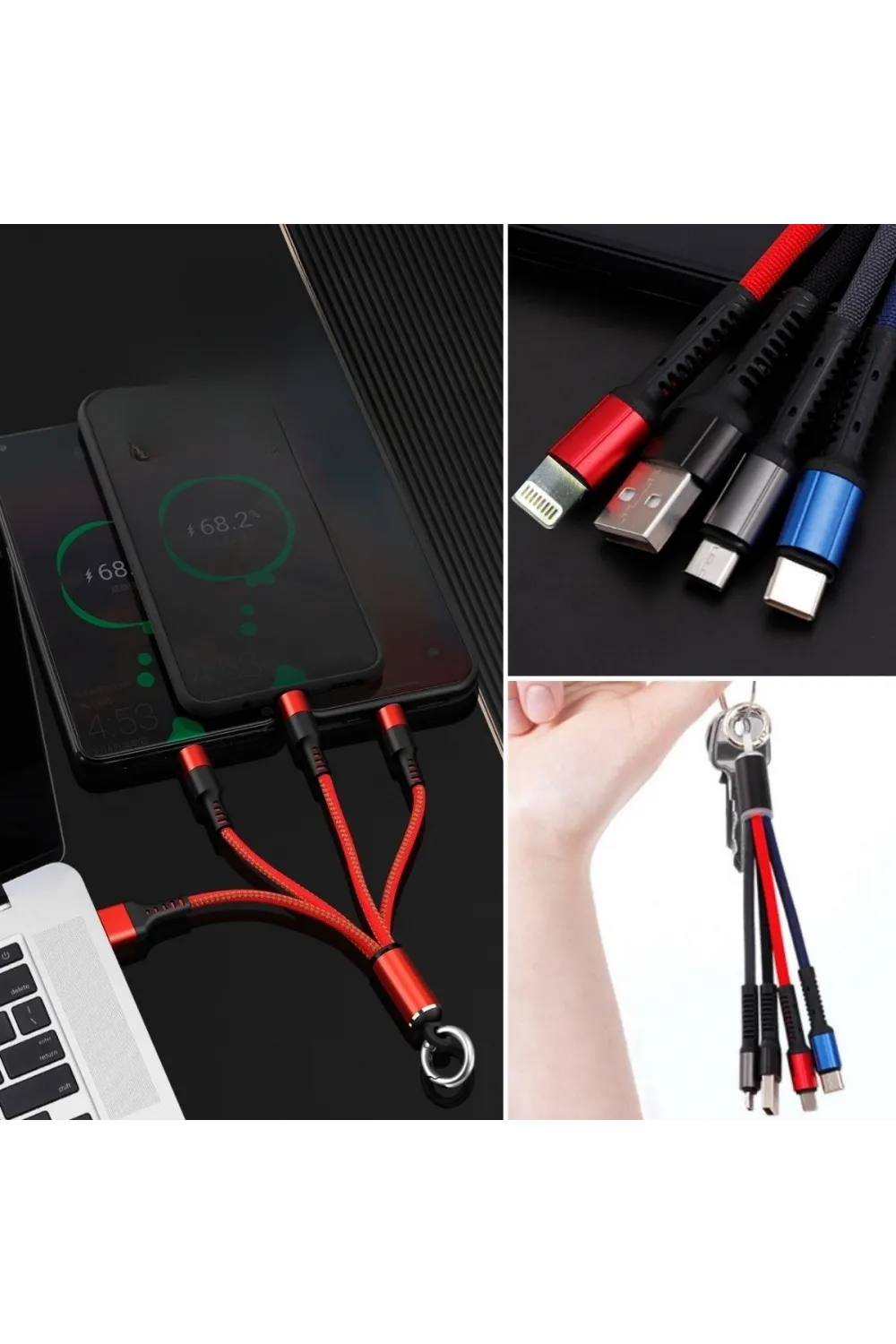 Işıklı Anahtarlık Model 3 in 1 USB Çıkışlı MİKRO,TYPE-C ve İphone Uyumlu Şarj Kablosu