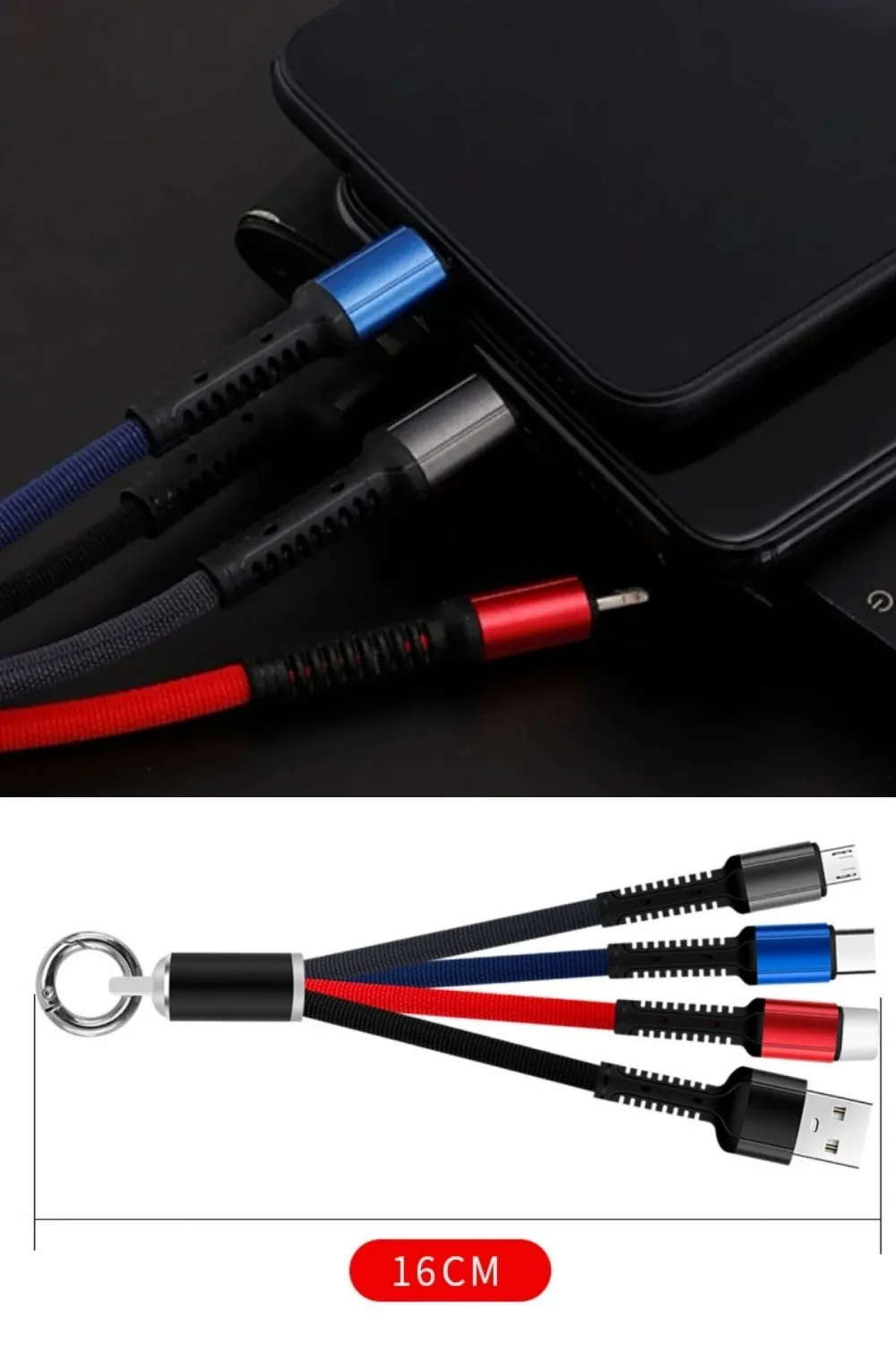 Işıklı Anahtarlık Model 3 in 1 USB Çıkışlı MİKRO,TYPE-C ve İphone Uyumlu Şarj Kablosu