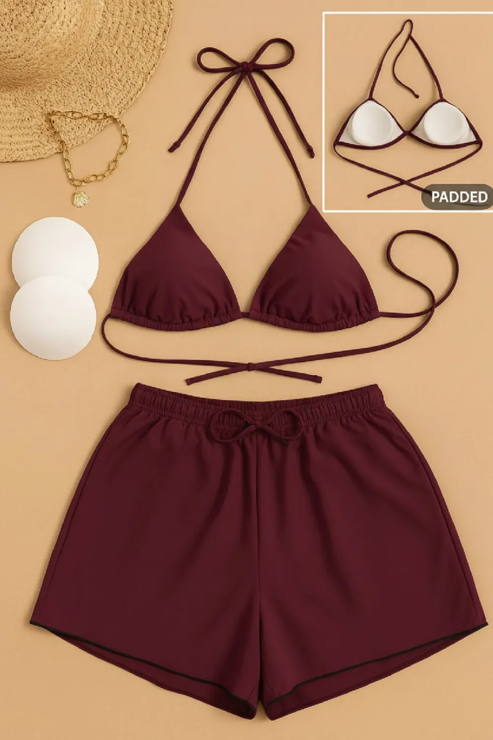 ieg™ Kadın 3lü Set Bordo Şortlu ve Yandan Bağlamalı Bikini Mayo Takımı