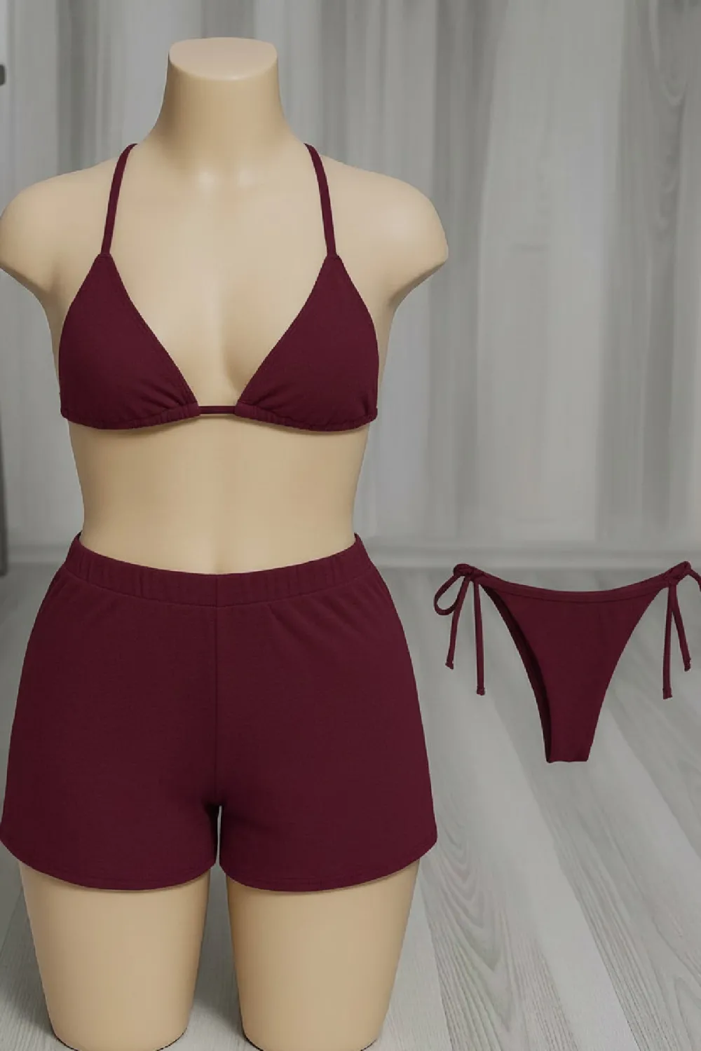 ieg™ Kadın 3lü Set Bordo Şortlu ve Yandan Bağlamalı Bikini Mayo Takımı