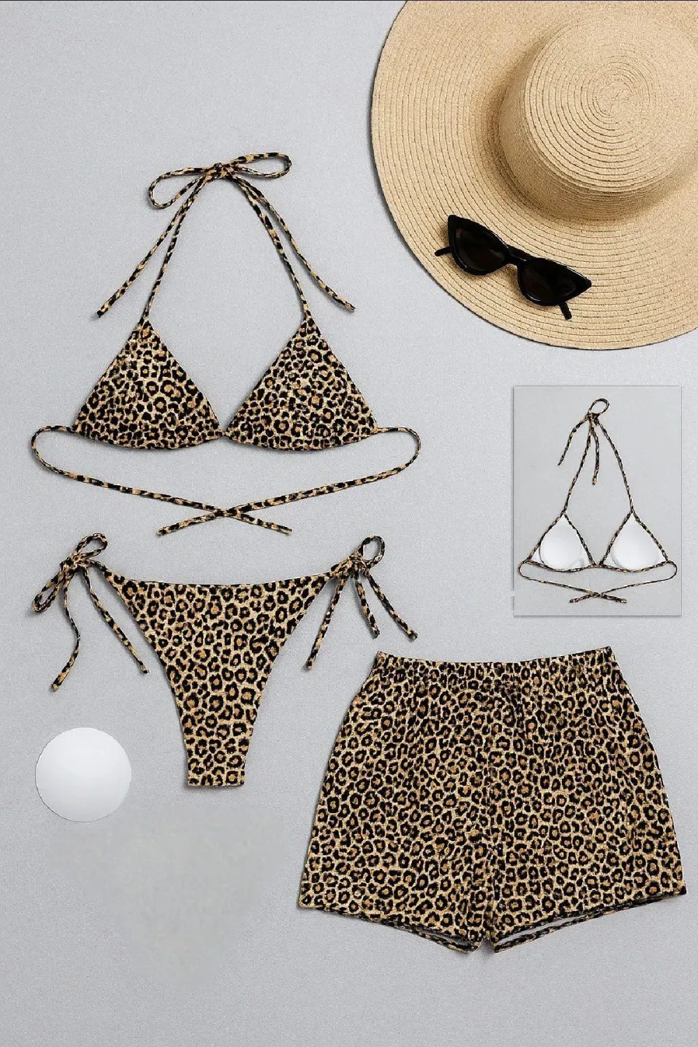 ieg™ Kadın 3lü Set Leopar Desenli Şortlu ve Yandan Bağlamalı Bikini Mayo Takımı