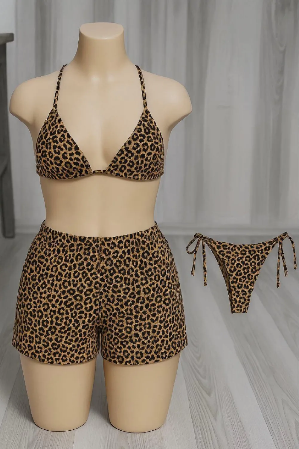 ieg™ Kadın 3lü Set Leopar Desenli Şortlu ve Yandan Bağlamalı Bikini Mayo Takımı