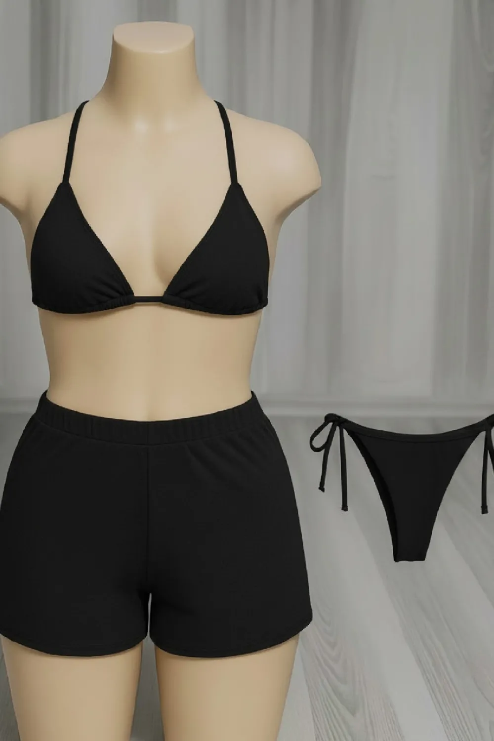 ieg™ Kadın 3lü Set Siyah Şortlu ve Yandan Bağlamalı Bikini Mayo Takımı