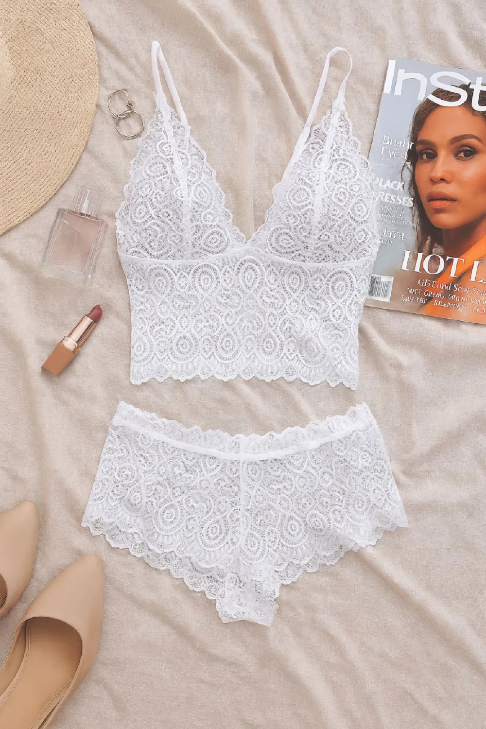 ieg™ Kadın Beyaz Dantel Bralet Şort Takımı – Romantik ve Zarif İç Giyim