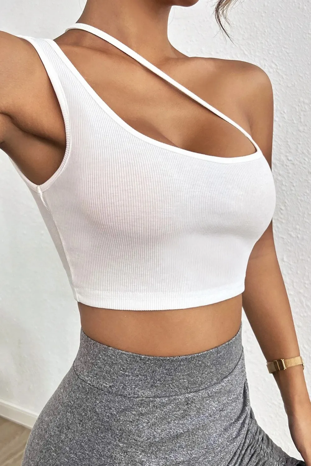 ieg™ Kadın Beyaz Tek Omuzlu Çapraz Askılı Crop Top Büstiyer