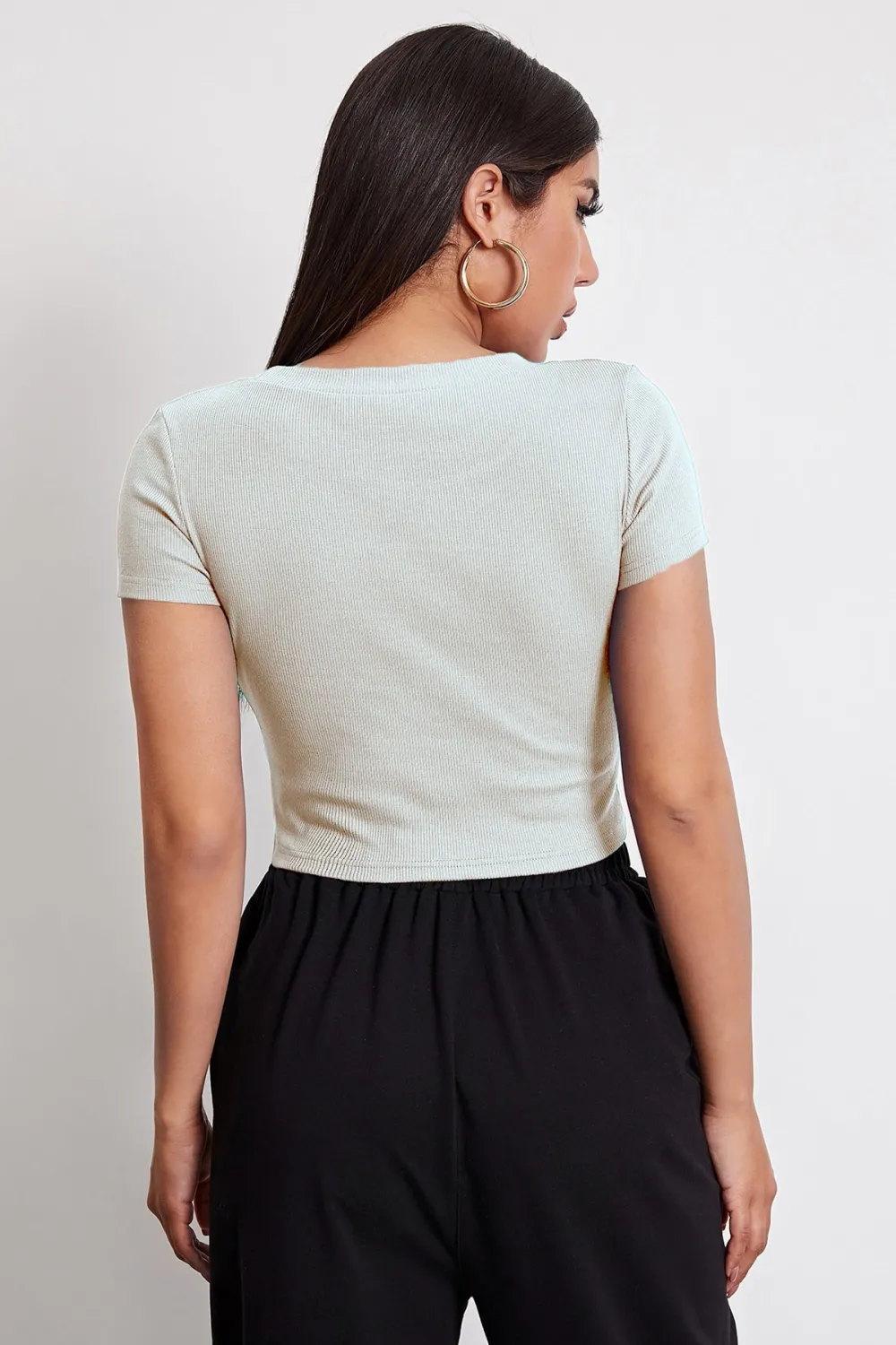 ieg™ Kadın Beyaz Yuvarlak Yaka Yarım Kol Crop Top Bluz