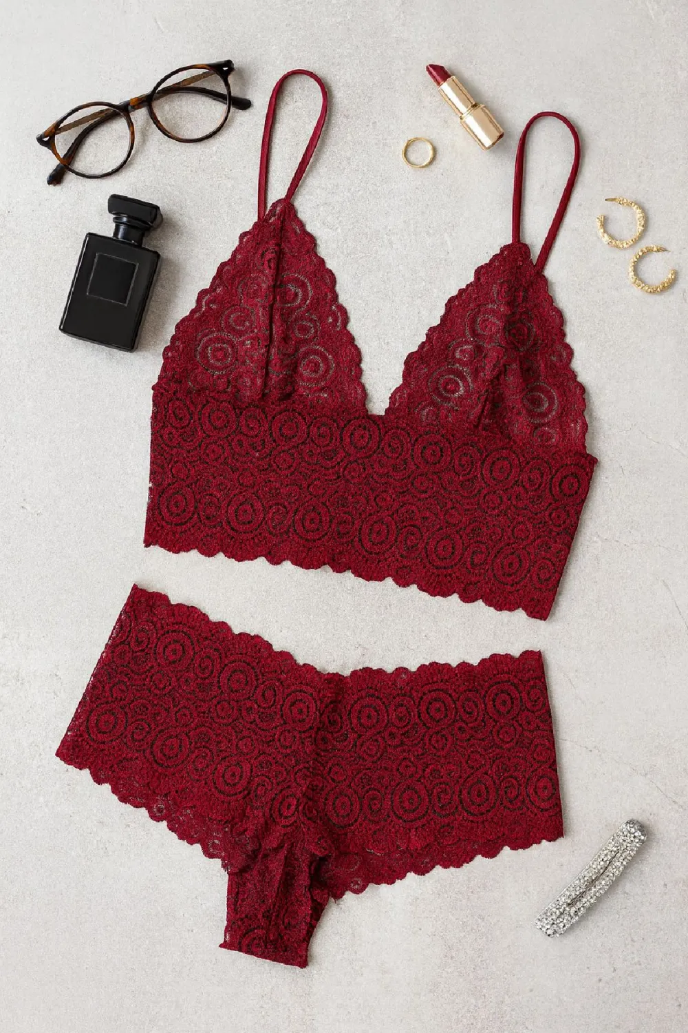 ieg™ Kadın Bordo Dantel Bralet Şort Takımı – Asil ve Sofistike İç Giyim