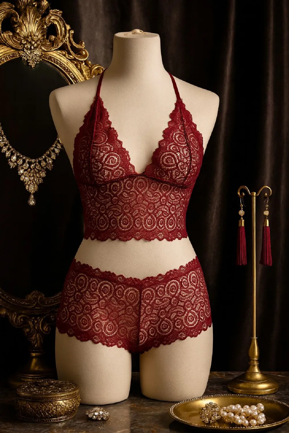 ieg™ Kadın Bordo Dantel Bralet Şort Takımı – Asil ve Sofistike İç Giyim