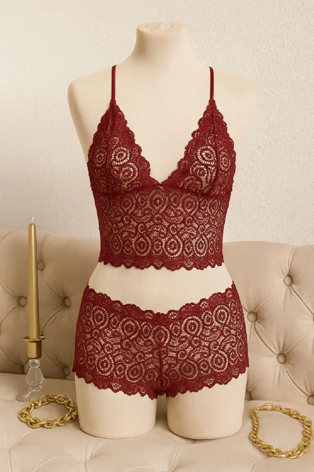 ieg™ Kadın Bordo Dantel Bralet Şort Takımı – Asil ve Sofistike İç Giyim