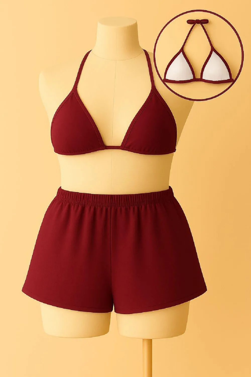 ieg™ Kadın Bordo Şortlu Belden ve Boyundan Bağlamalı Bikini Takımı