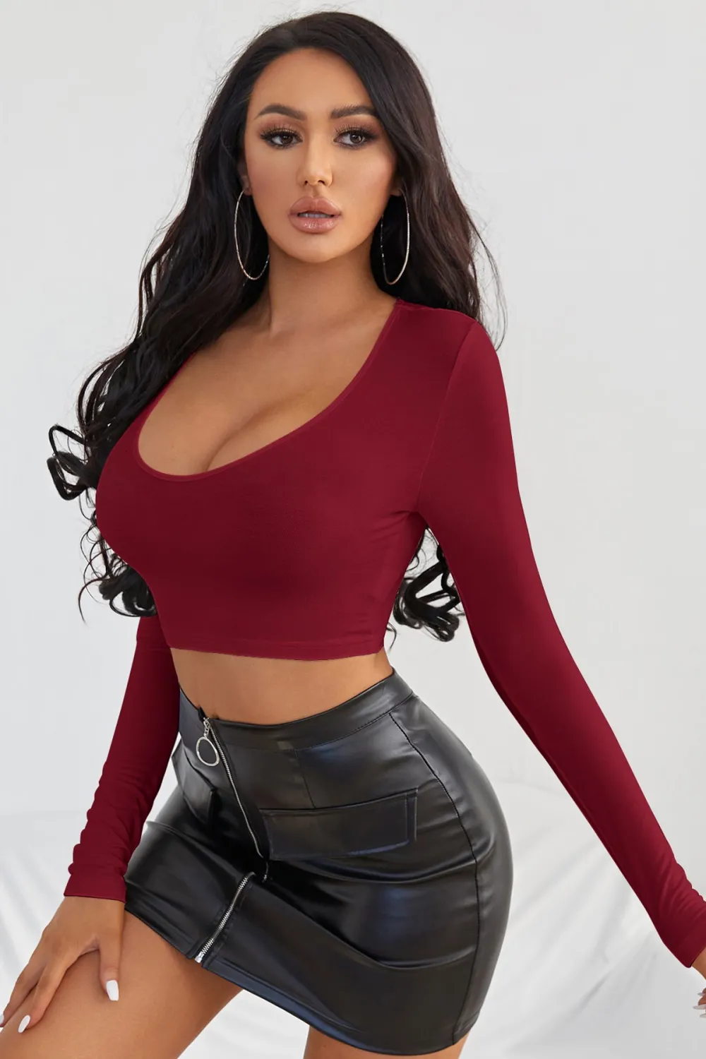 ieg™ Kadın Bordo Uzun Kol Kare Yaka Crop Top Bluz