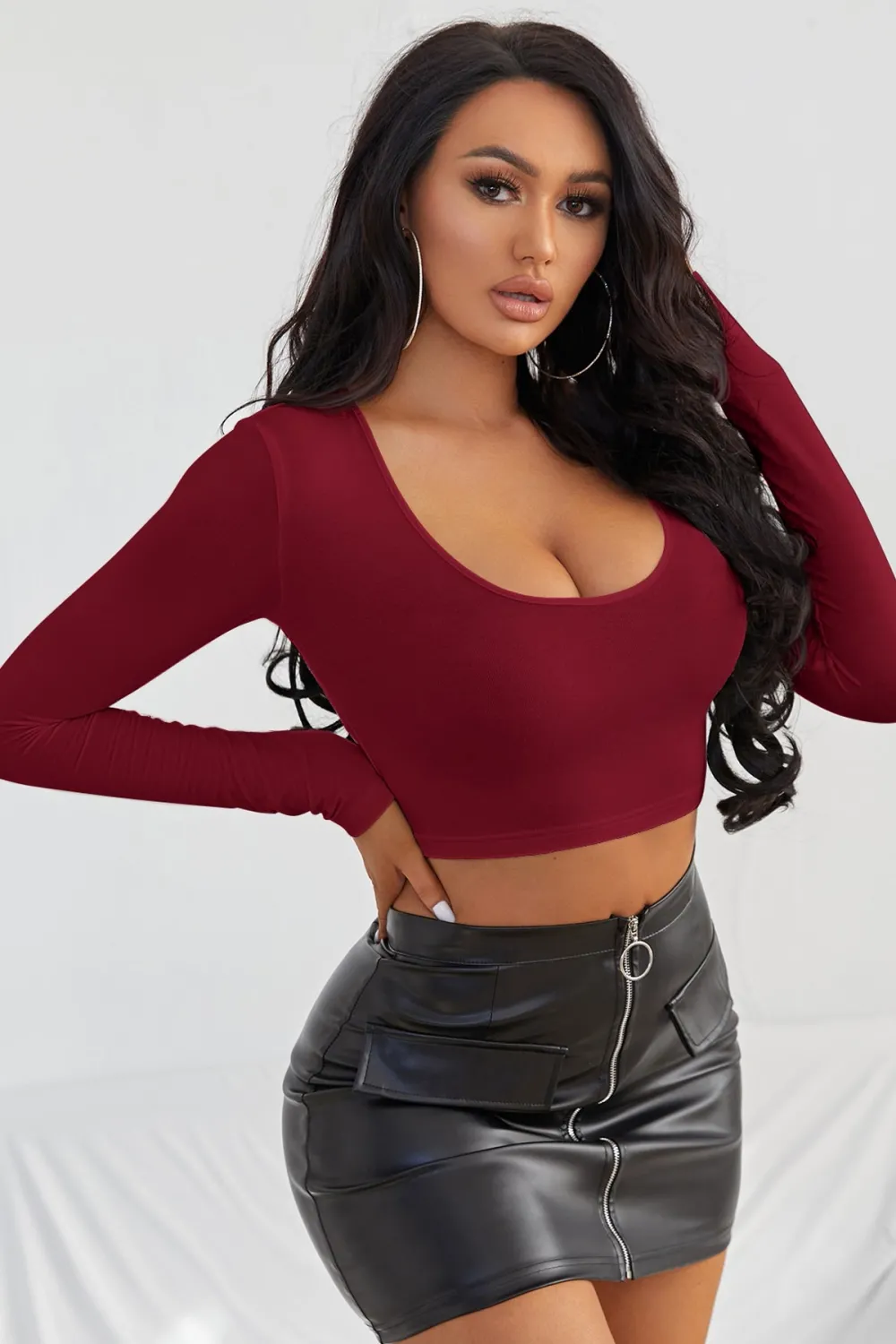 ieg™ Kadın Bordo Uzun Kol Kare Yaka Crop Top Bluz