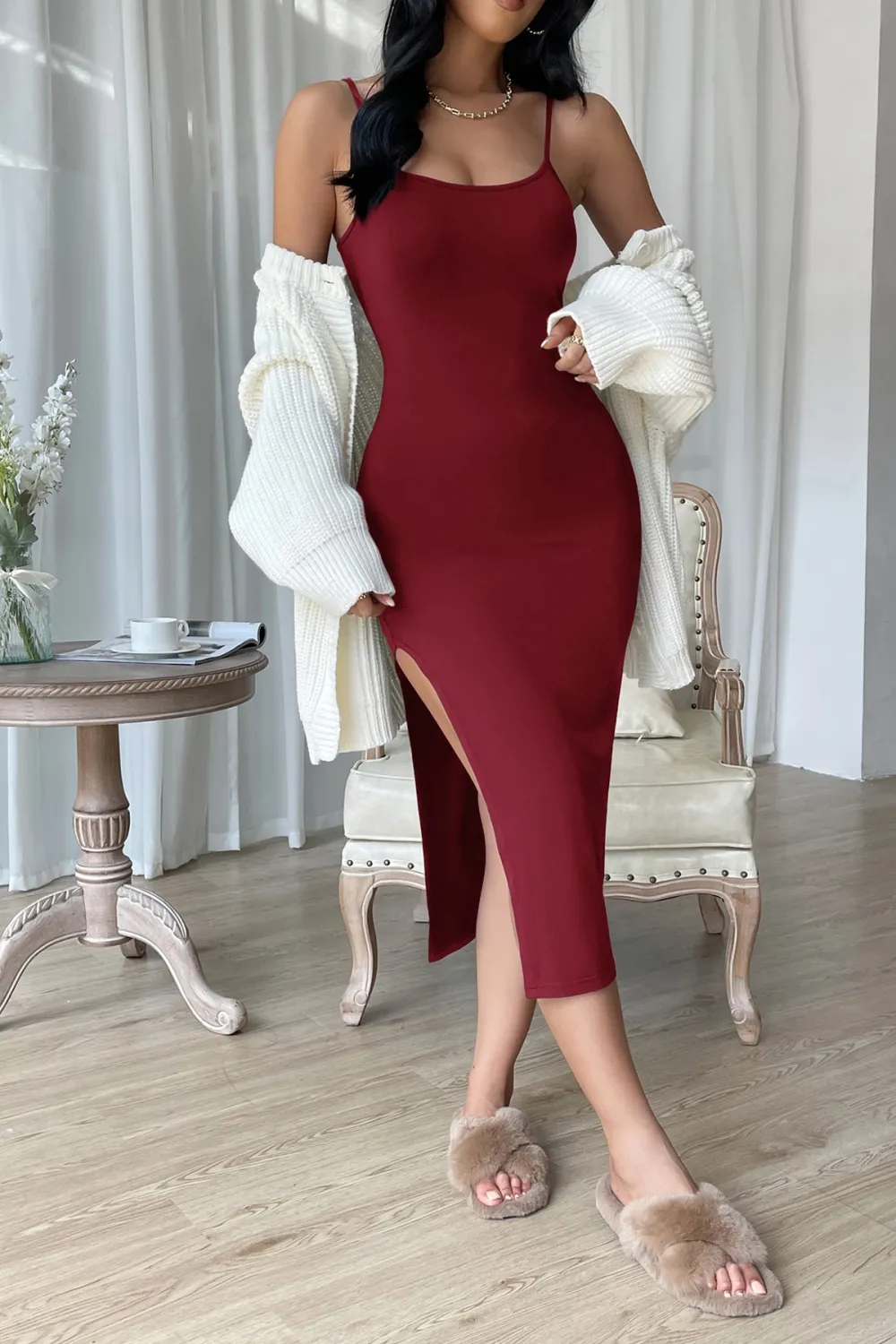 ieg™ Kadın Bordo Yırtmaçlı Diz Altı Vücüdu Saran Gecelik
