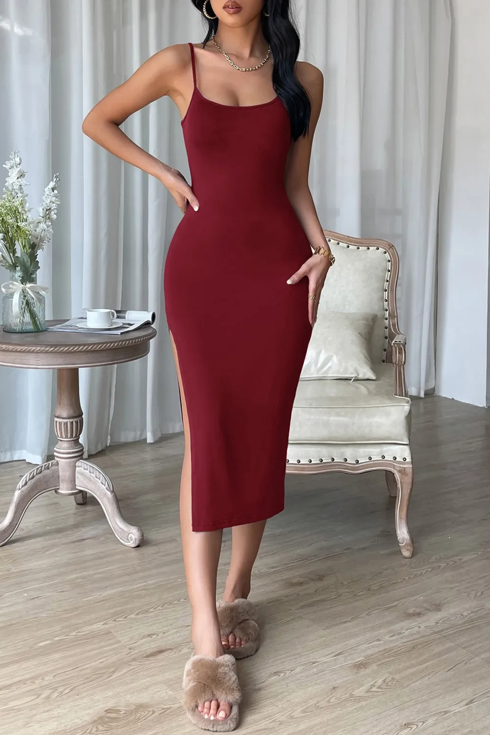 ieg™ Kadın Bordo Yırtmaçlı Diz Altı Vücüdu Saran Gecelik