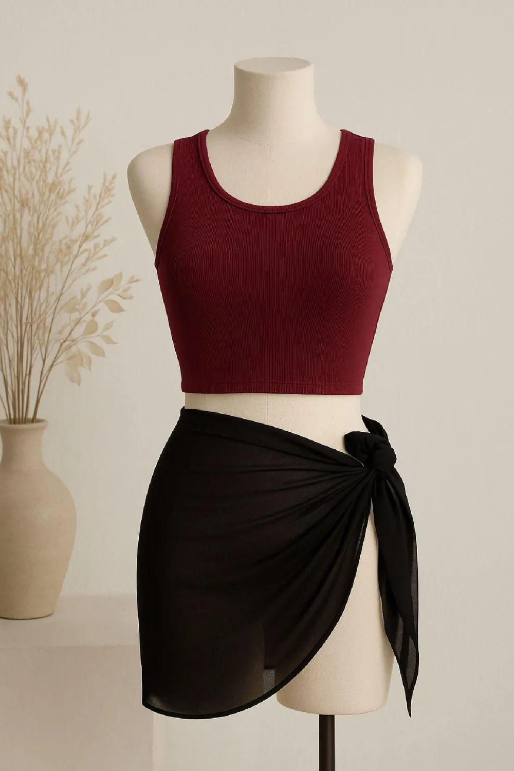 ieg™ Kadın Bordo Yuvarlak Yaka Crop ve Siyah Pareo 2li Set