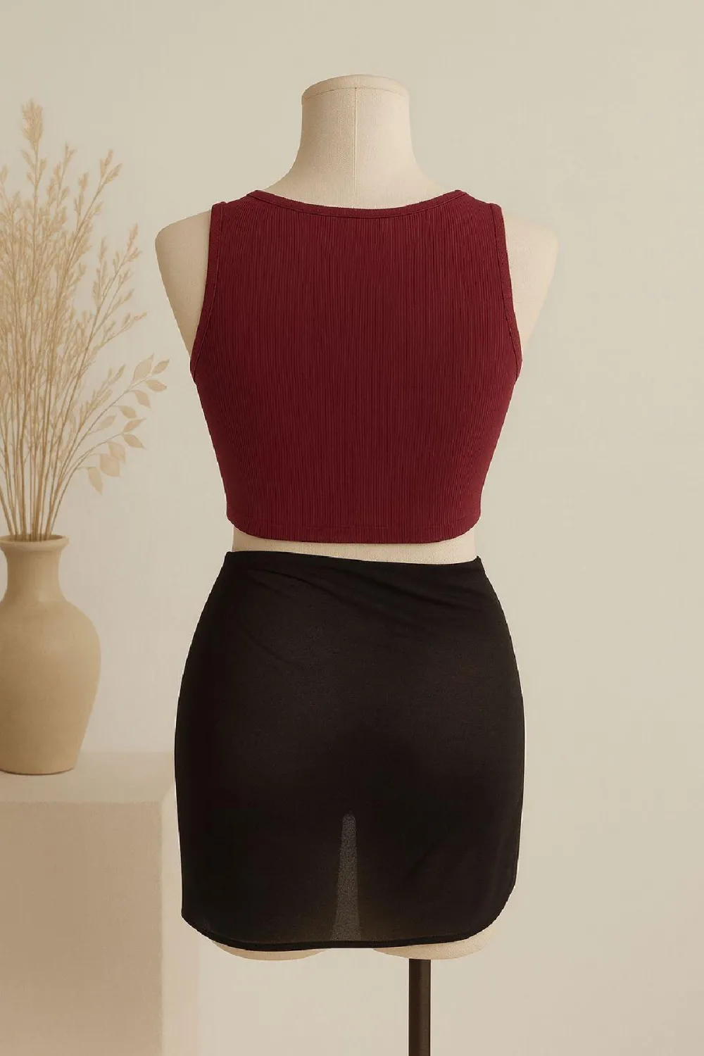 ieg™ Kadın Bordo Yuvarlak Yaka Crop ve Siyah Pareo 2li Set
