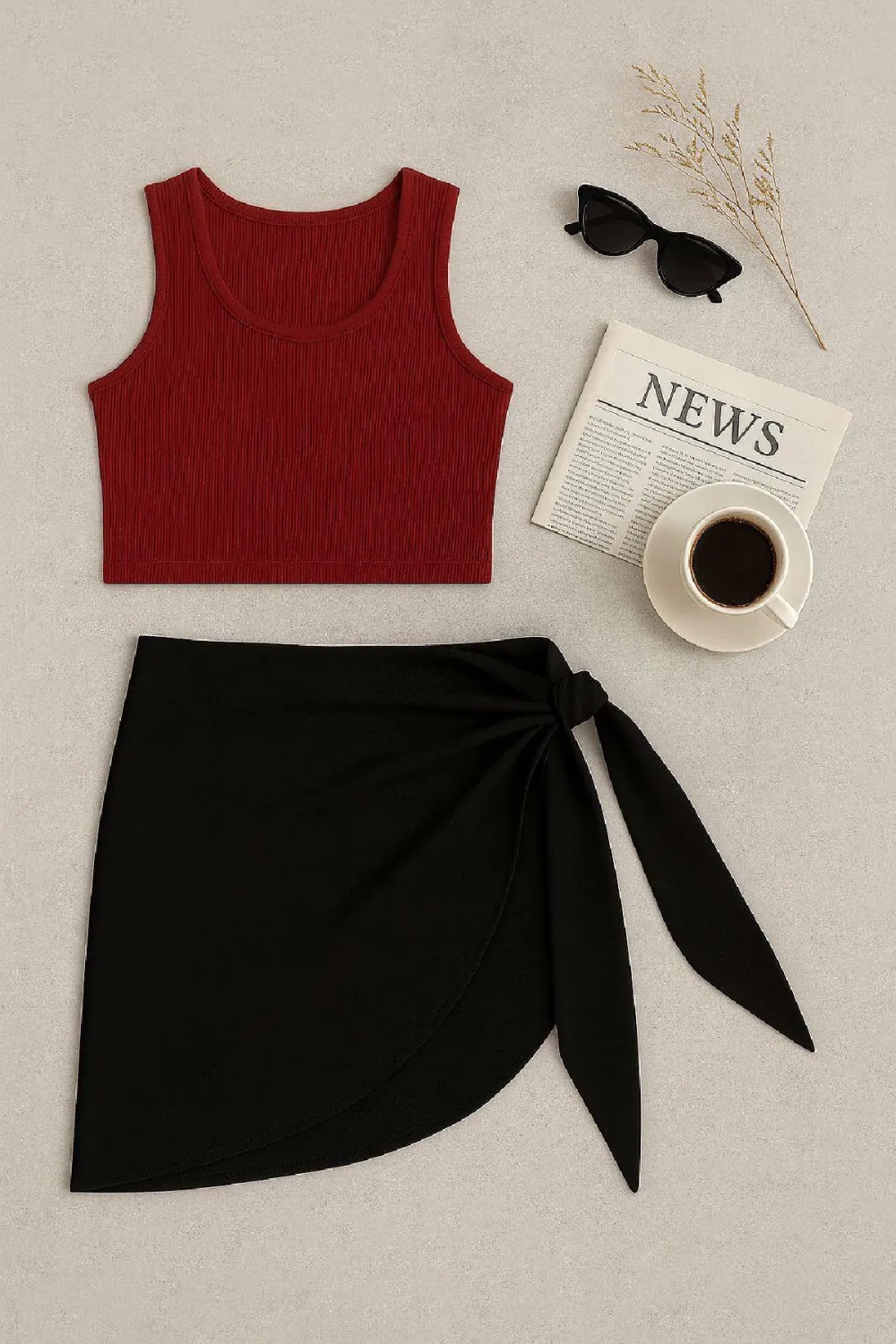 ieg™ Kadın Bordo Yuvarlak Yaka Crop ve Siyah Pareo 2li Set