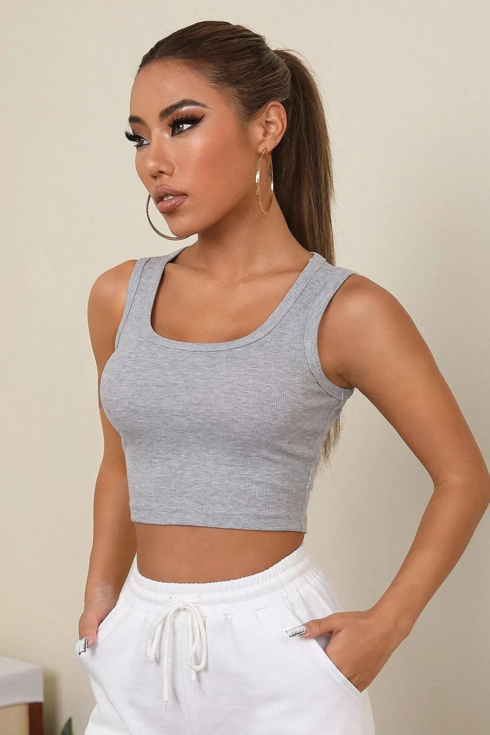 ieg™ Kadın Gri Kare Yaka Crop Top Bluz