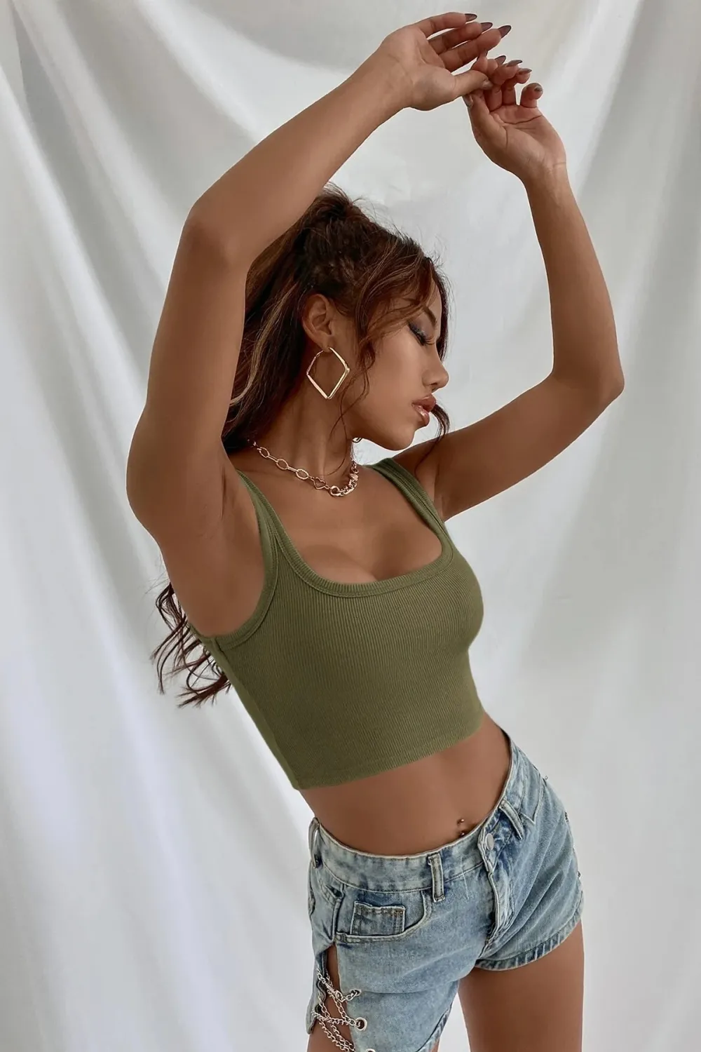 ieg™ Kadın Haki Yeşili Kalın Askılı Crop Top Büstiyer