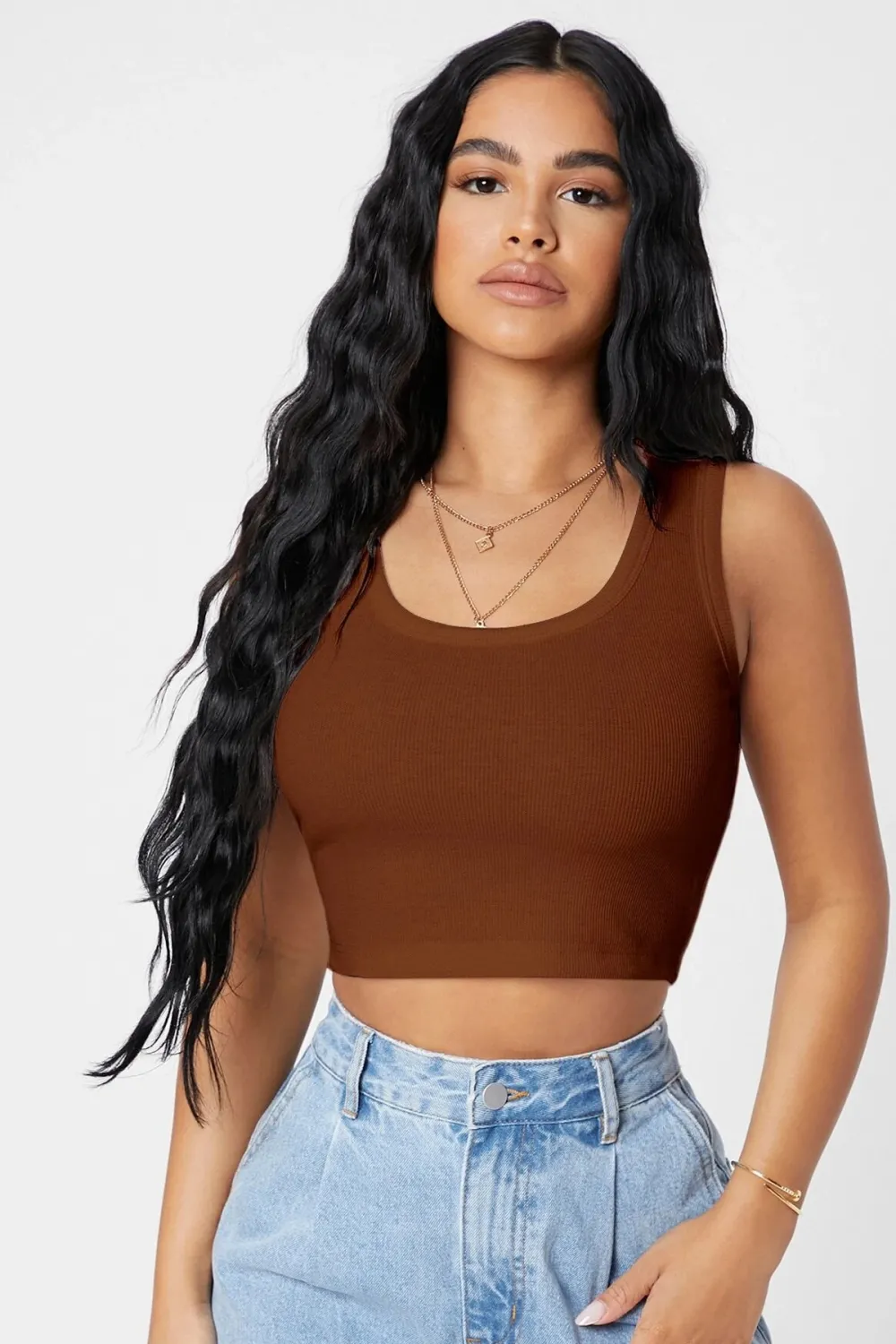 ieg™ Kadın Kahverengi Kare Yaka Crop Top Bluz