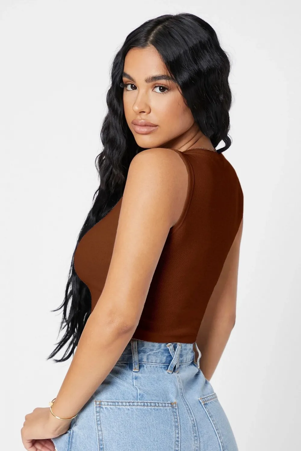 ieg™ Kadın Kahverengi Kare Yaka Crop Top Bluz
