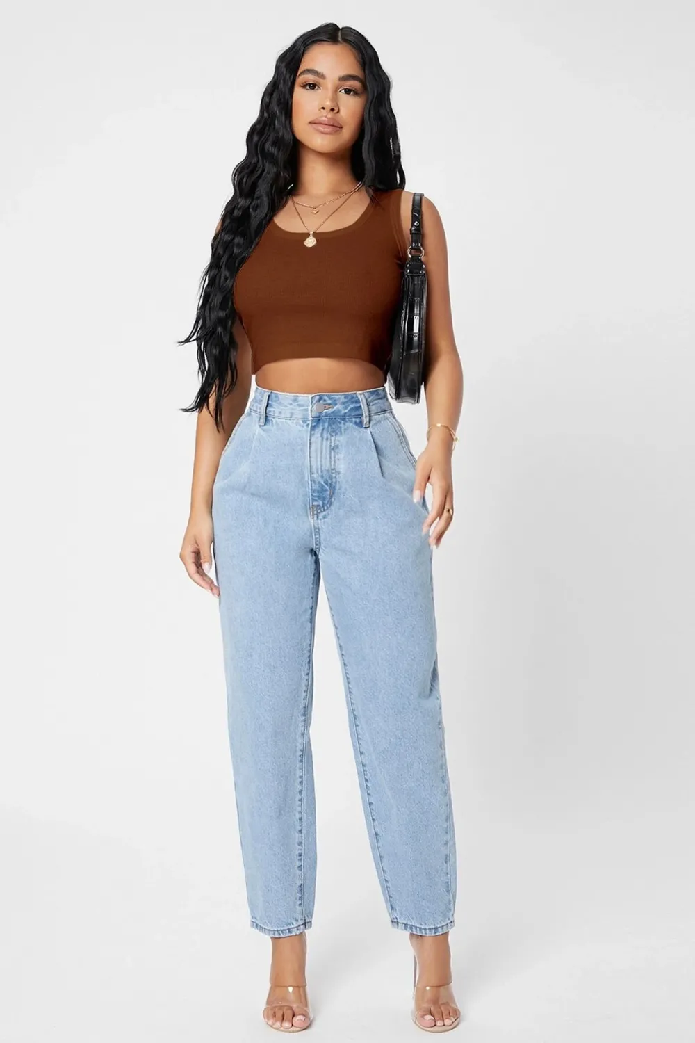 ieg™ Kadın Kahverengi Kare Yaka Crop Top Bluz