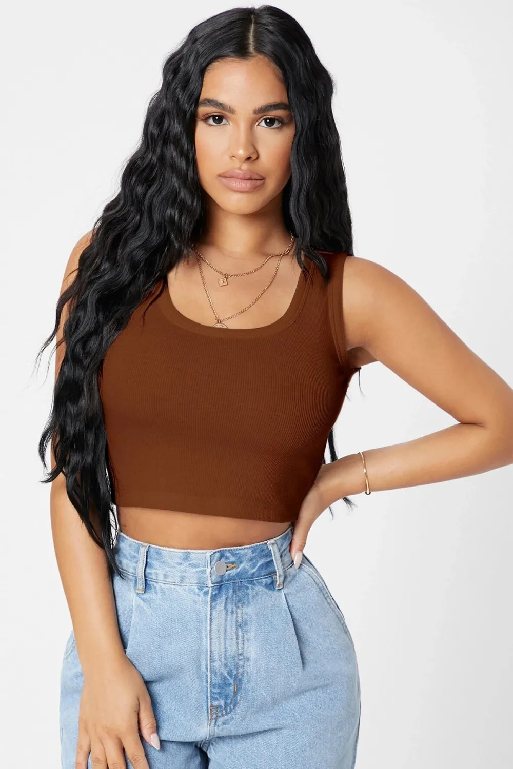 ieg™ Kadın Kahverengi Kare Yaka Crop Top Bluz