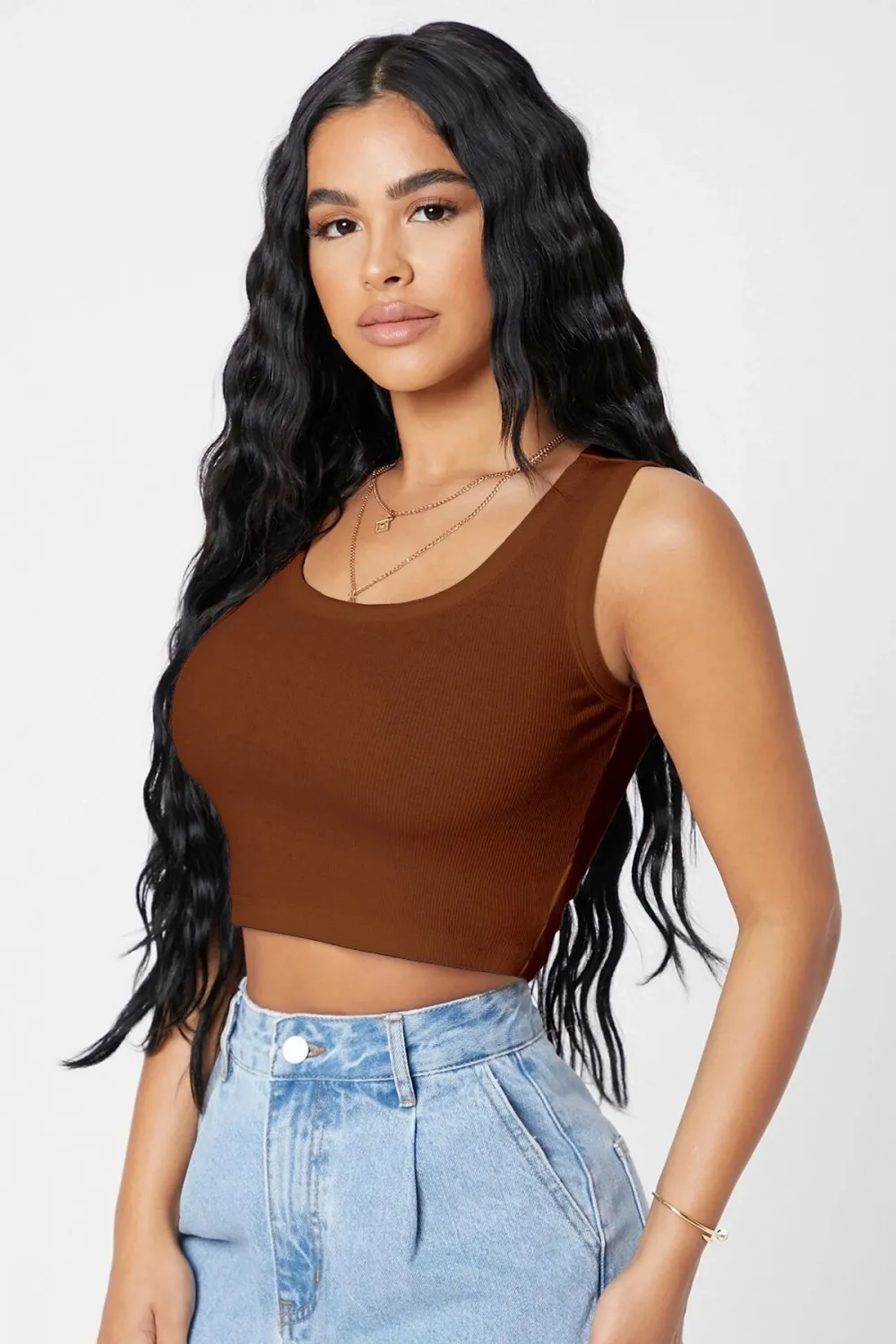 ieg™ Kadın Kahverengi Kare Yaka Crop Top Bluz