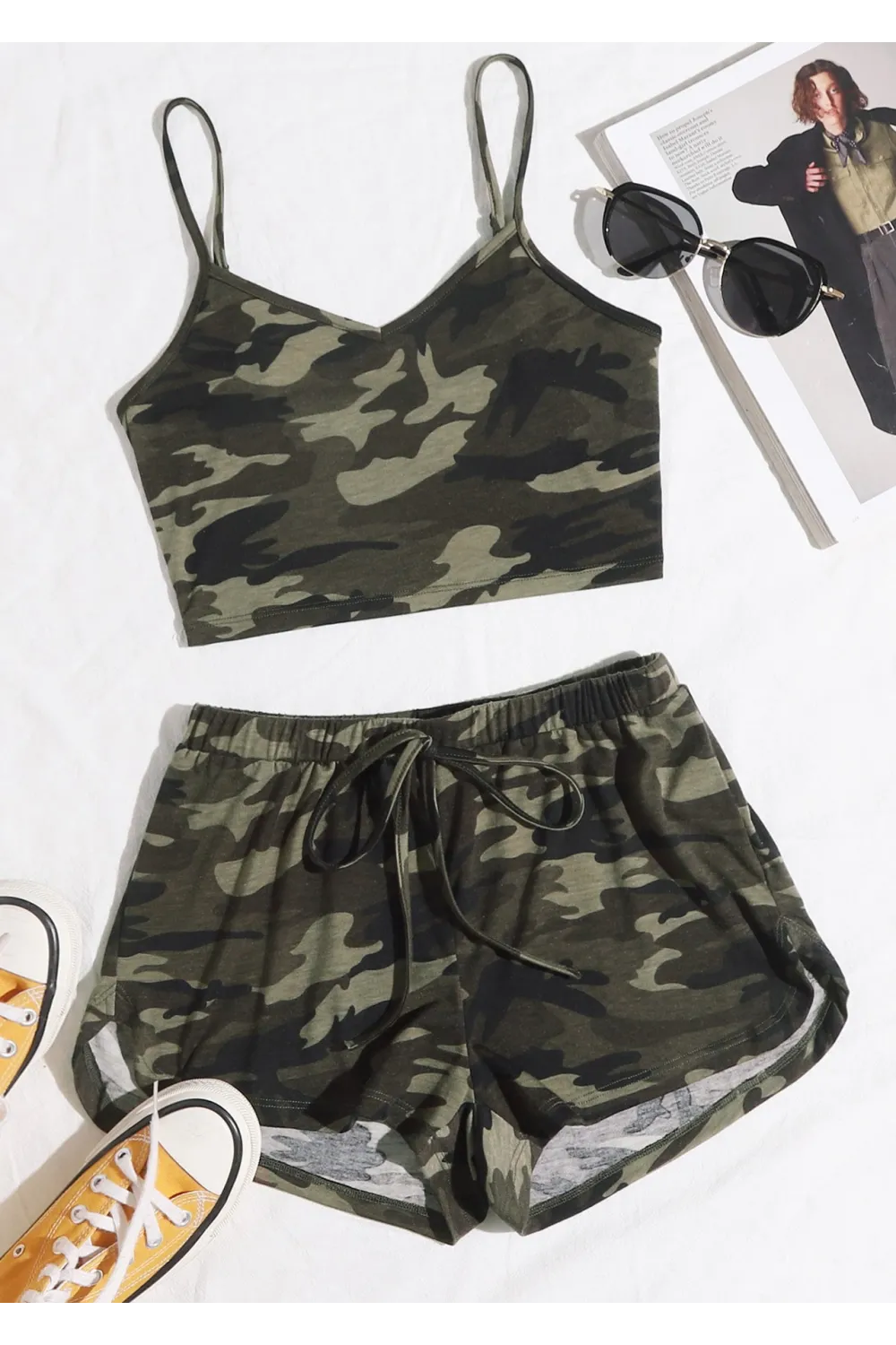 ieg™ Kadın Kamuflaj Desenli Askılı Crop Top ve Şortlu Gecelik Takım